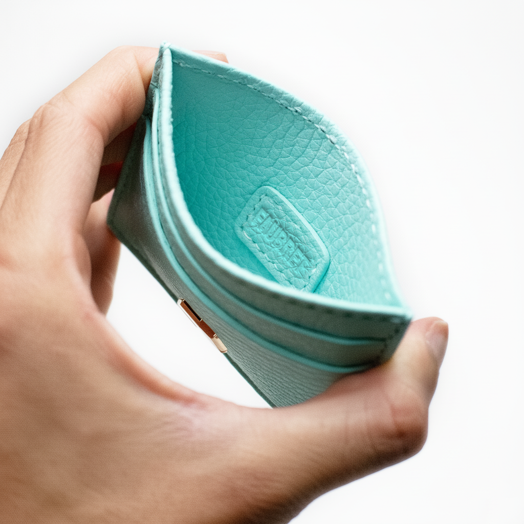 kortholder etui i mintgrønt læder indvendig visning af det håndlavede design